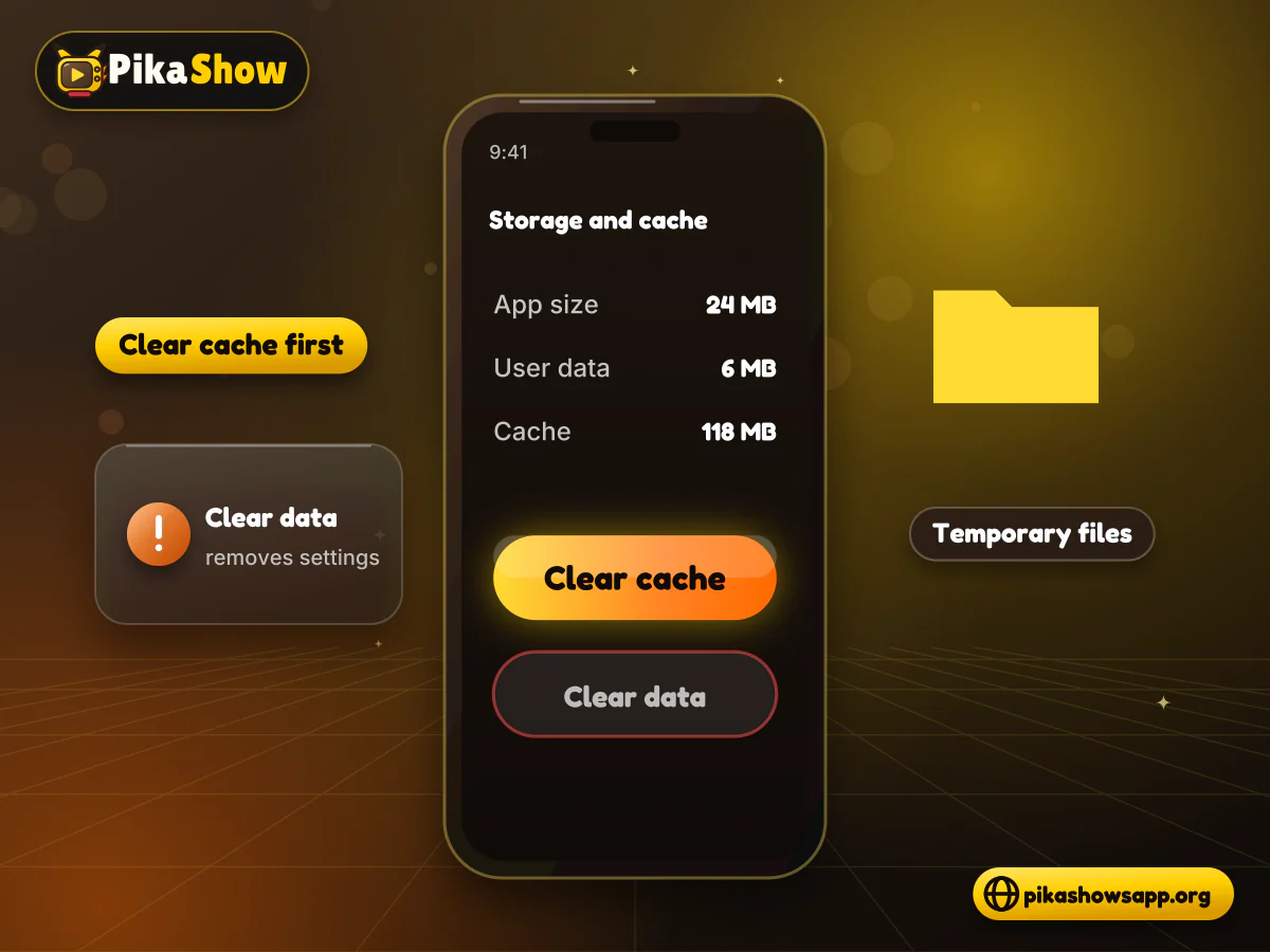 Clearing the PikaShow cache Android app storage screen with the clear cache button highlighted and clear data shown as a caution