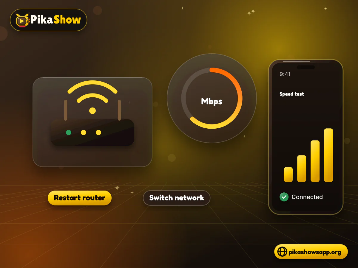 Testing the internet connection Wi-Fi router with signal bars, a network speed gauge and a phone running a connection test