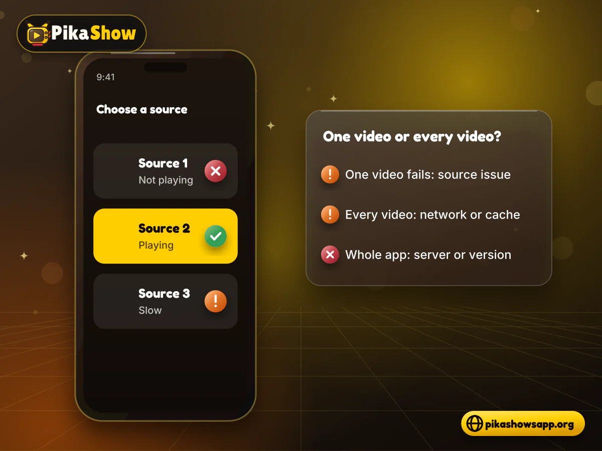Checking one video or every video Phone list of video sources with one failing, one working and one slow, beside a troubleshooting checklist