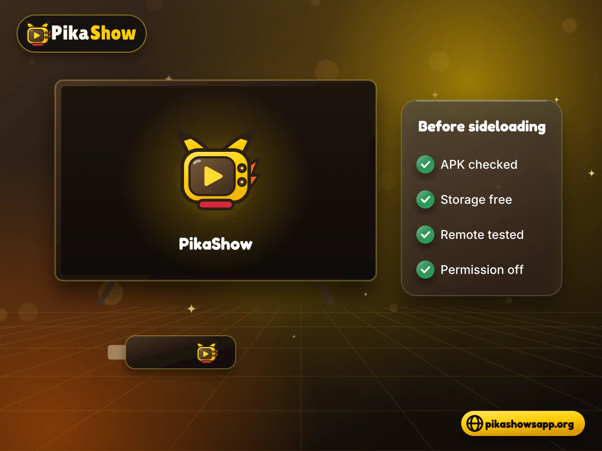 Firestick APK checks Streaming stick plugged into a television with a checklist of APK, storage and remote checks completed