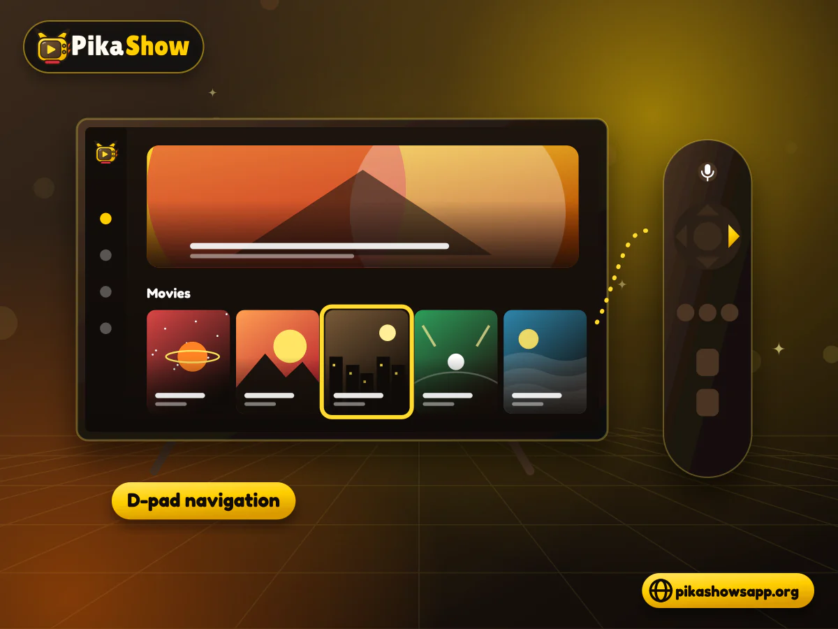 Fire TV remote navigation Remote control with a highlighted directional pad next to a TV app showing a focused poster tile