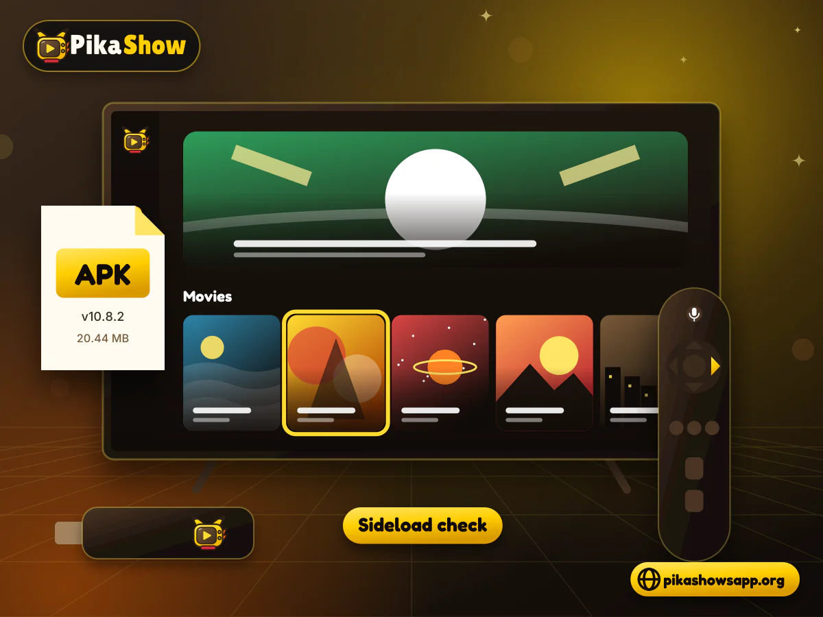 PikaShow on a Fire TV Stick Television running a streaming app with a streaming stick, remote control and APK file card in front