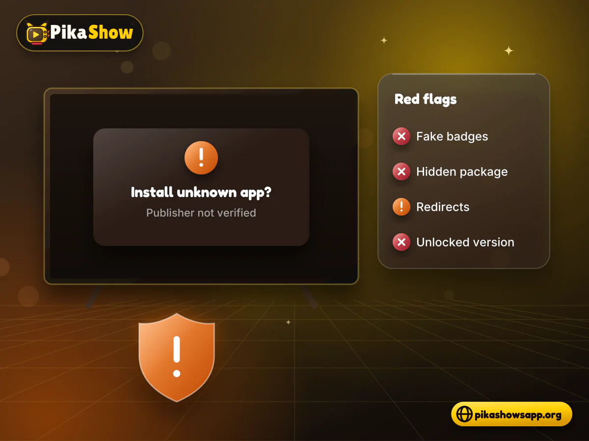 Firestick sideloading warning signs Television showing an unknown APK install prompt with warning badges beside a list of sideloading red flags