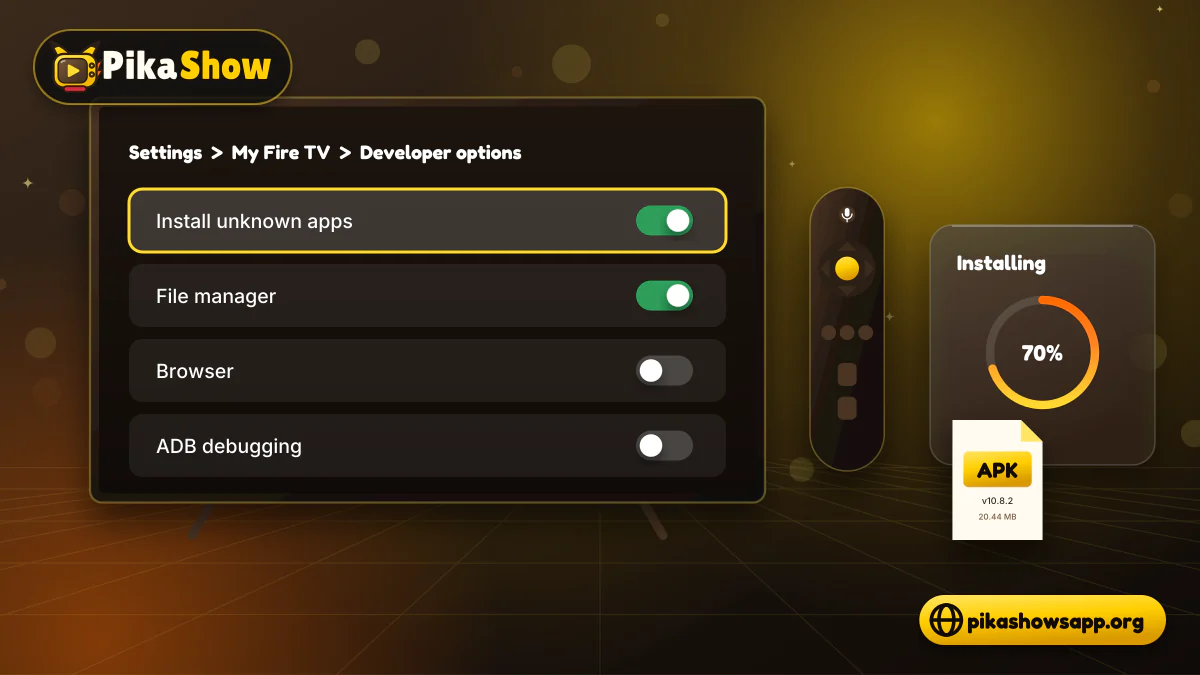 Sideloading an APK on Fire TV Television settings screen with an install unknown apps toggle beside a remote and an APK install progress panel