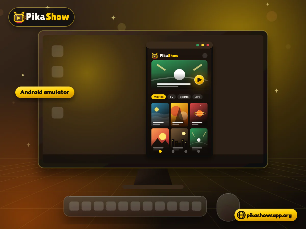 PikaShow on a PC emulator Desktop monitor running an Android emulator window with a streaming app, keyboard and mouse in front