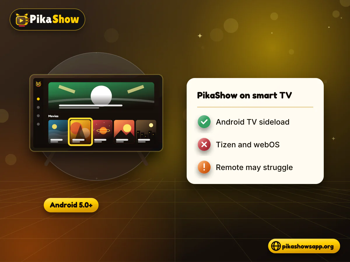 PikaShow on a smart TV Smart TV with an APK install screen and remote control, illustrating PikaShow for smart TV on Android TV