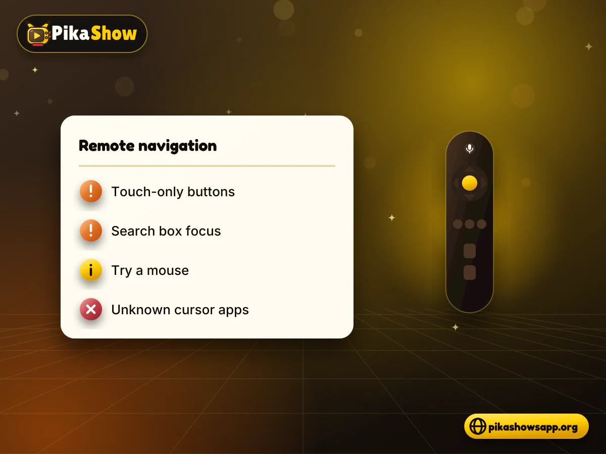 TV remote navigation TV remote with a highlighted D-pad beside a phone-style app layout, showing PikaShow on TV navigation limits