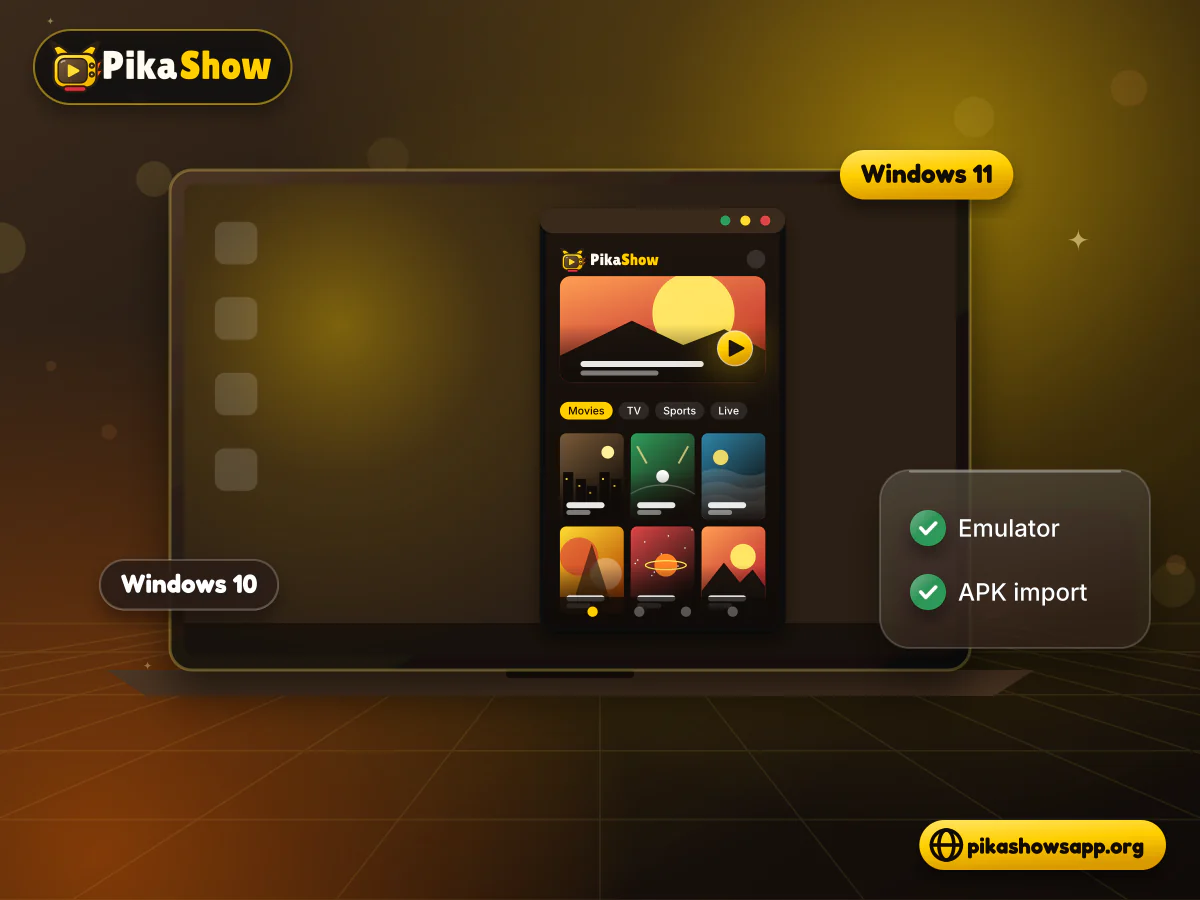 Laptop with a Windows desktop and an Android emulator window showing a streaming app beside a compatibility checklist