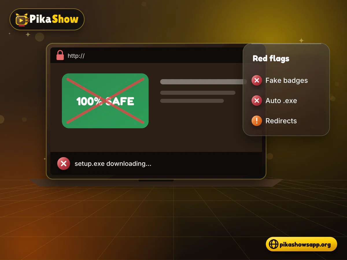 Laptop browser with a fake antivirus badge, redirect arrows and an automatic exe download marked with warnings
