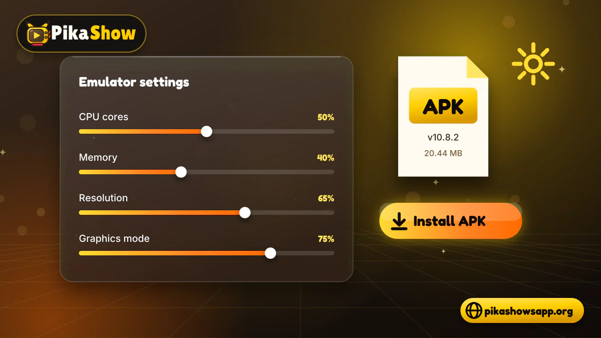 Emulator settings panel with processor, memory and resolution sliders beside an APK install button