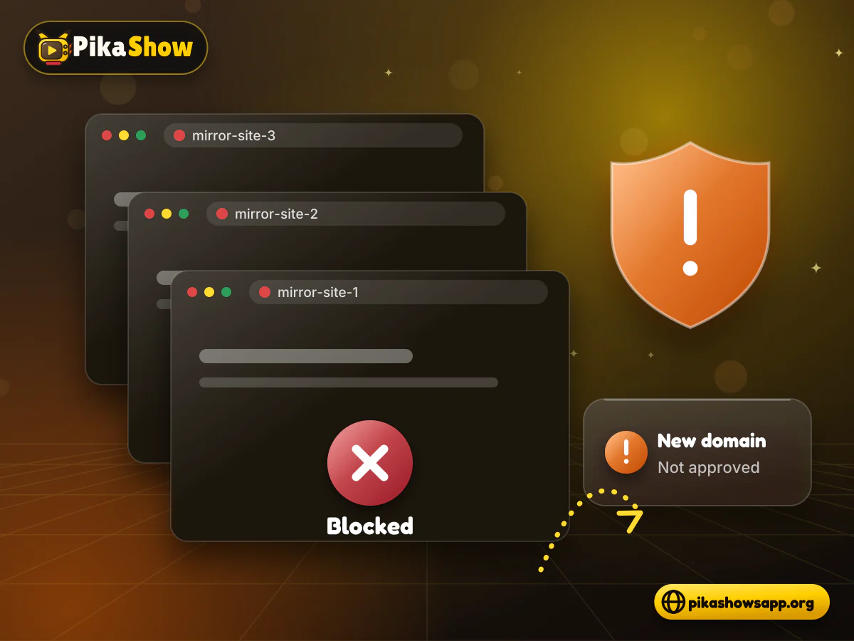 Blocking order and mirror domains Browser windows for mirror domains marked blocked beside a court order shield and new domain warning arrow
