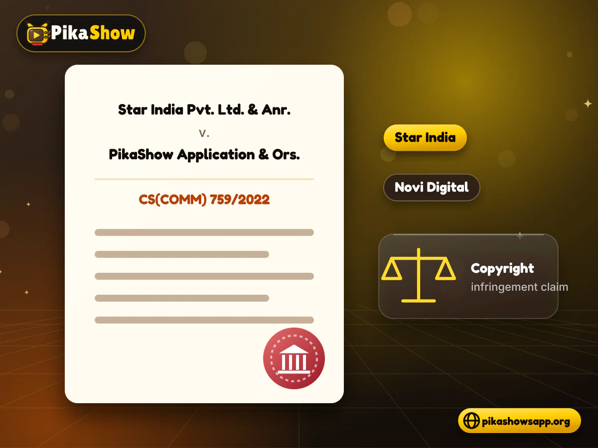 PikaShow copyright case file Court case file for Star India v. PikaShow with a case number, court seal and plaintiff name chips