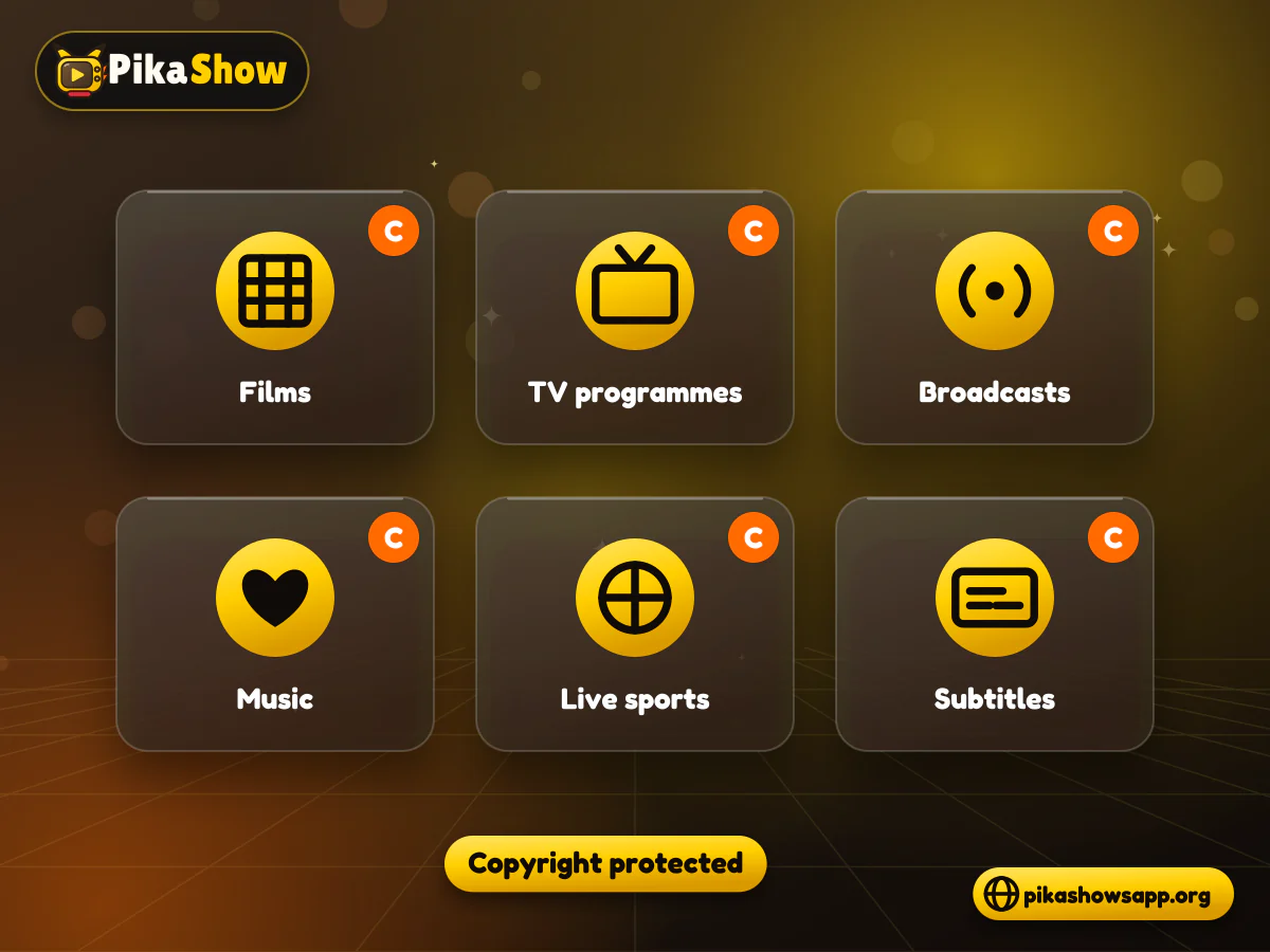Works protected by Indian copyright law Tiles for films, TV programmes, music, sports broadcasts and subtitles each marked with a copyright symbol
