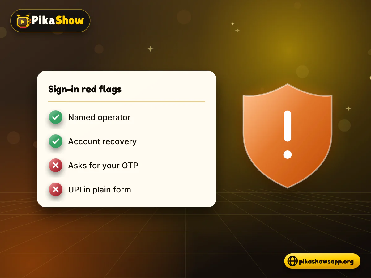 Genuine vs fake sign-in Two PikaShow sign in screens side by side, a genuine account page marked safe and a fake OTP form marked risky
