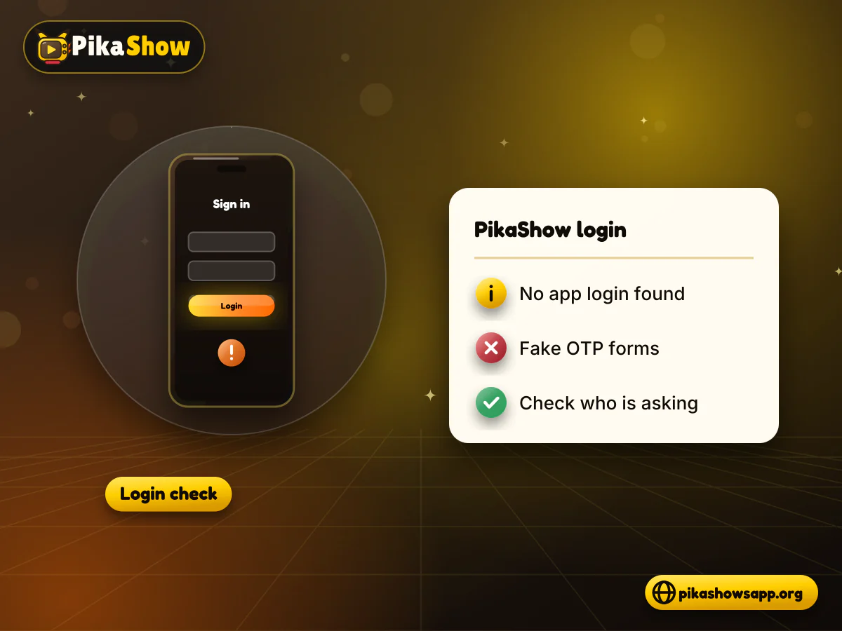 PikaShow login check Phone showing a PikaShow login form with warning badges for fake ID, password and OTP fields