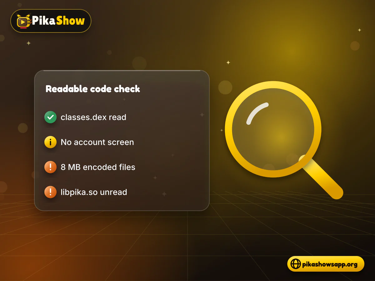 No account screen in readable code Magnifier over PikaShow APK code files showing no login screen found and encoded files marked unchecked