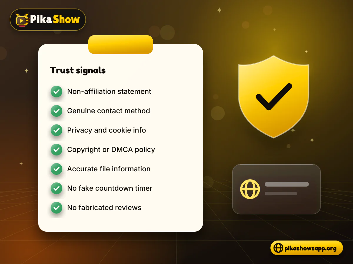 Download page trust signals Clipboard checklist with ticked trust signals beside a shield, a policy document and a contact envelope