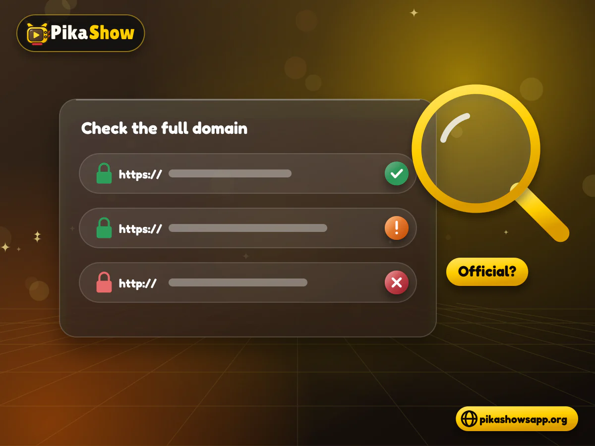 Checking PikaShow website domains Browser address bar under a magnifying glass comparing several look-alike download domains with warning marks