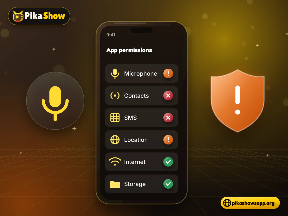 Android permission requests Android phone showing a permission request list with microphone, contacts and SMS entries flagged for review