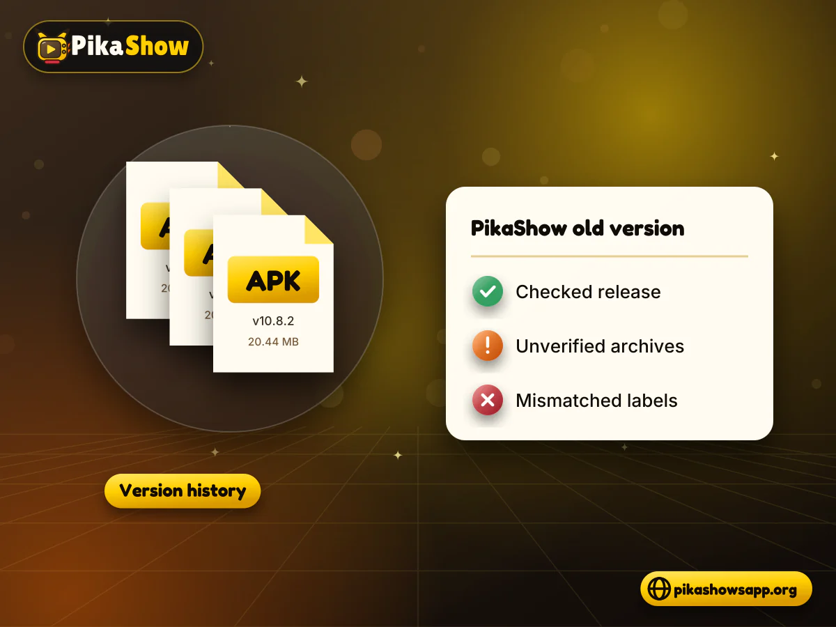 PikaShow old version check Stack of PikaShow old version APK files with one verified release ticked and unverified copies flagged