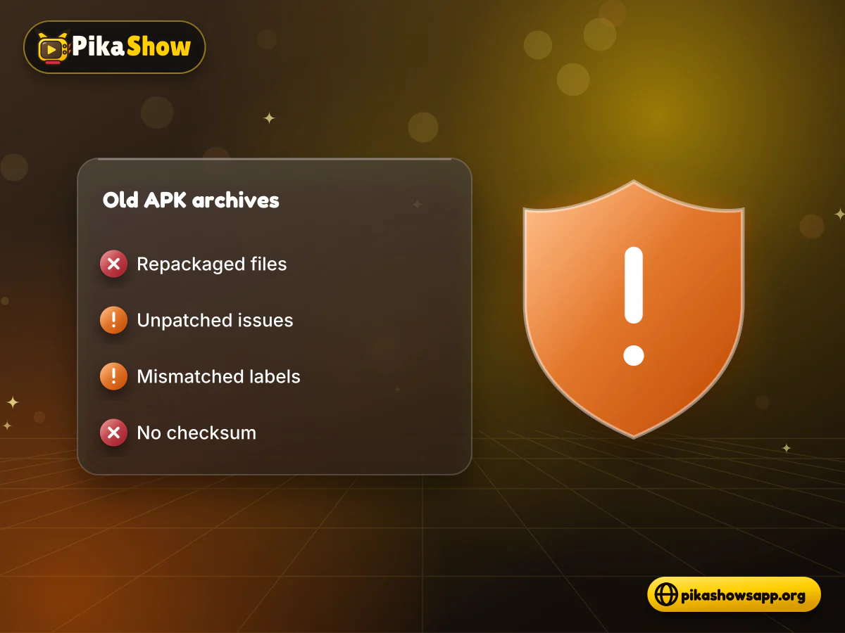 Old APK archive risks Warning checklist for a PikaShow old version archive: repackaged file, unpatched issues and mismatched labels
