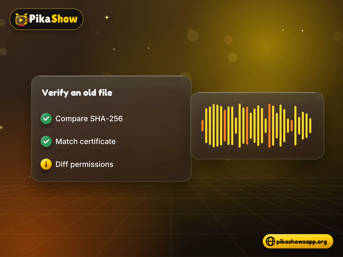 Verifying an old APK file Glass checklist verifying a PikaShow old version APK by SHA-256 checksum, certificate fingerprint and permissions