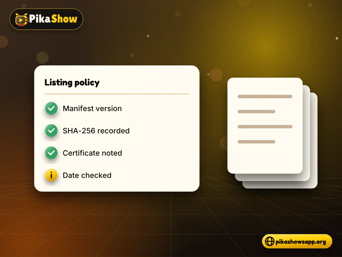 Our old-version listing policy Document checklist for listing a PikaShow old version: manifest version, SHA-256, certificate and permissions