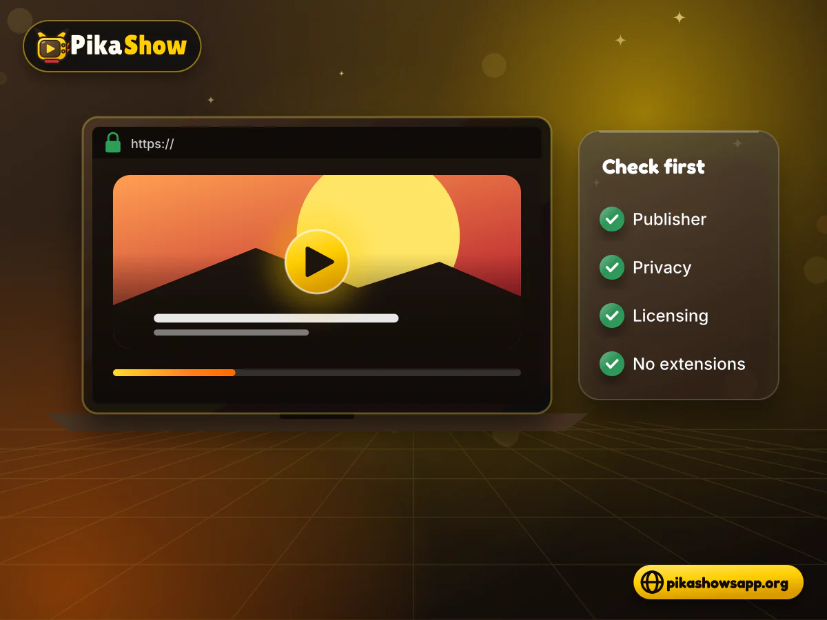 Web streaming checks Laptop browser with a secure web video player and a checklist of publisher, privacy and licensing checks