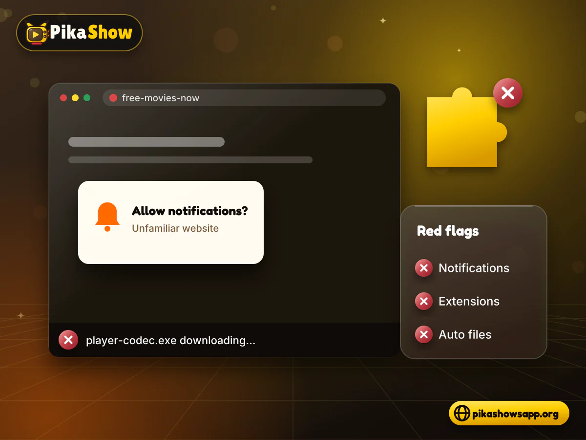 Streaming website red flags Browser with a notification permission prompt, an extension puzzle piece and an unexpected download marked as risks