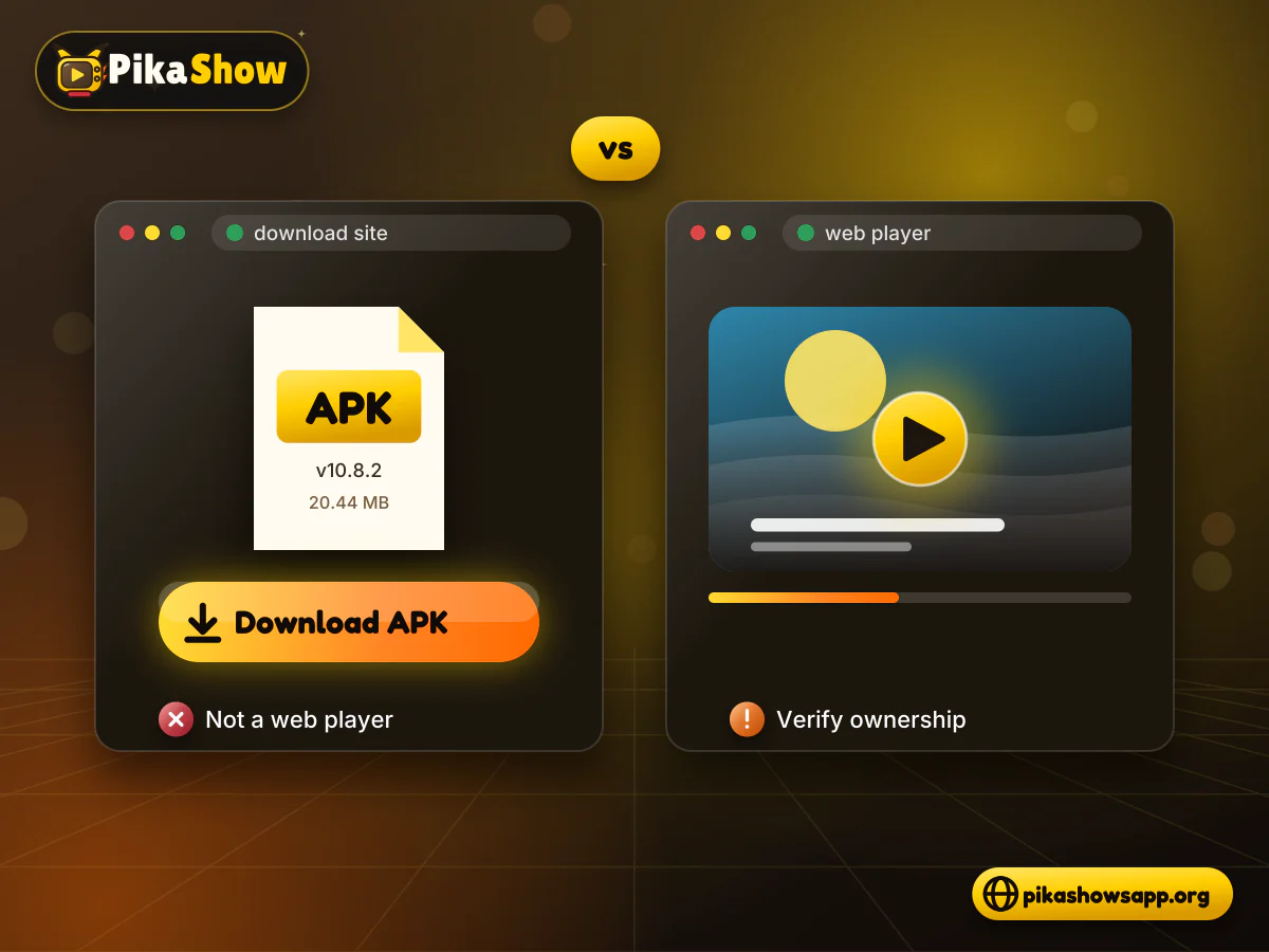 Download page versus web player Side-by-side browser windows comparing an APK download page with a real in-browser video player