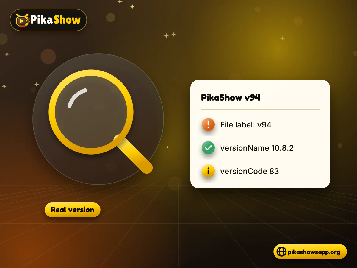 PikaShow v94 label versus real version PikaShow v94 APK file card with a magnifier revealing the manifest version name 10.8.2 and version code 83