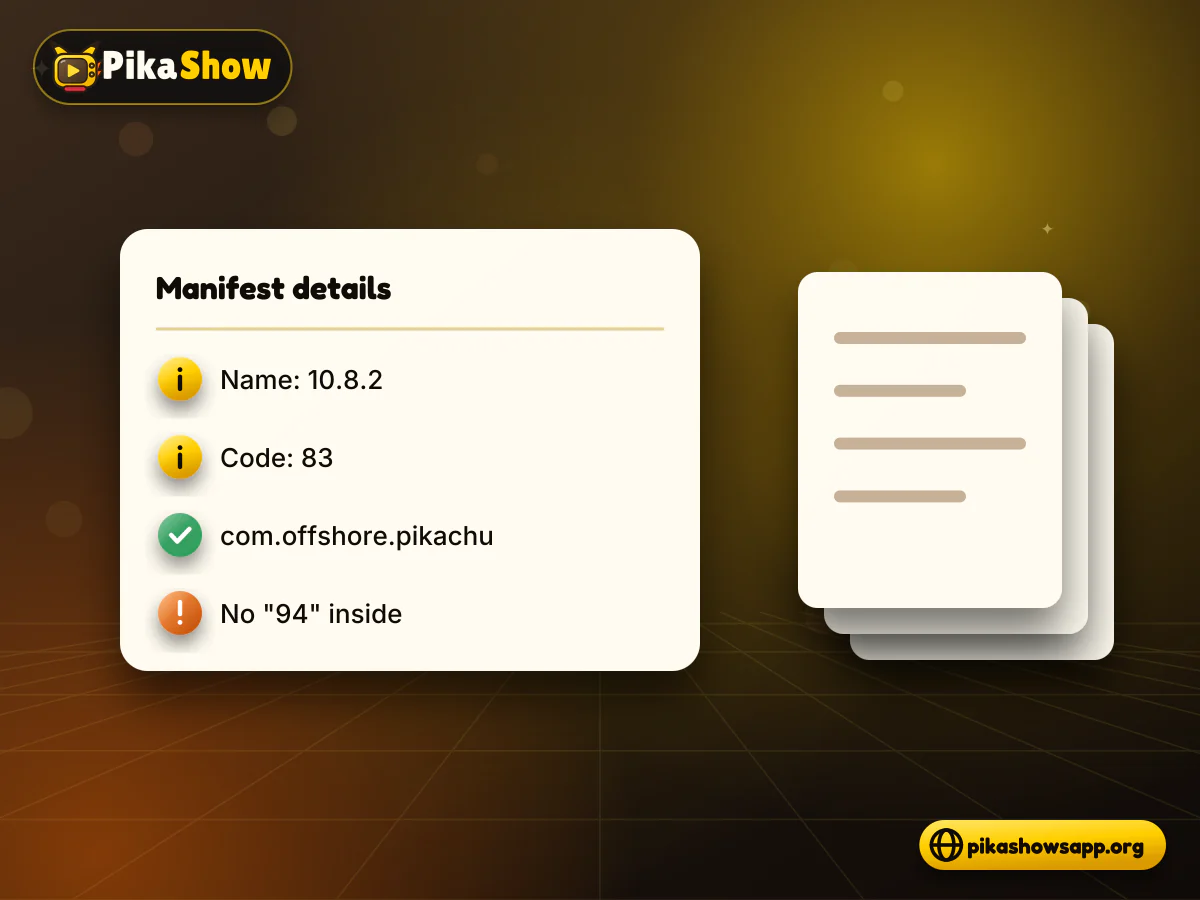 Manifest inside the v94 file Document view of the PikaShow v94 APK manifest listing version name 10.8.2, version code 83 and package name