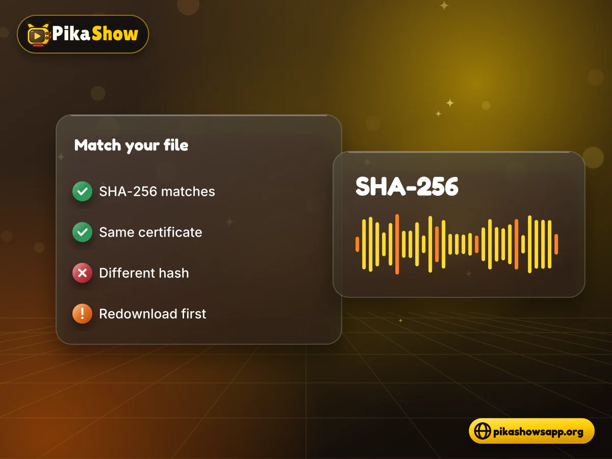 Matching the checksum Checklist comparing a PikaShow v94 APK SHA-256 hash and certificate fingerprint against the checked release